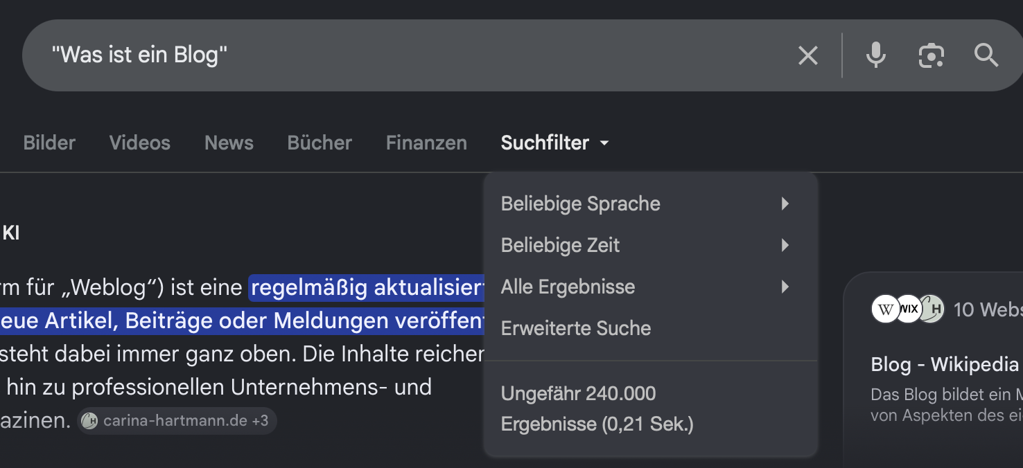 Google-Suche in 2026 nach &ldquo;was ist ein Blog&rdquo; als Satz